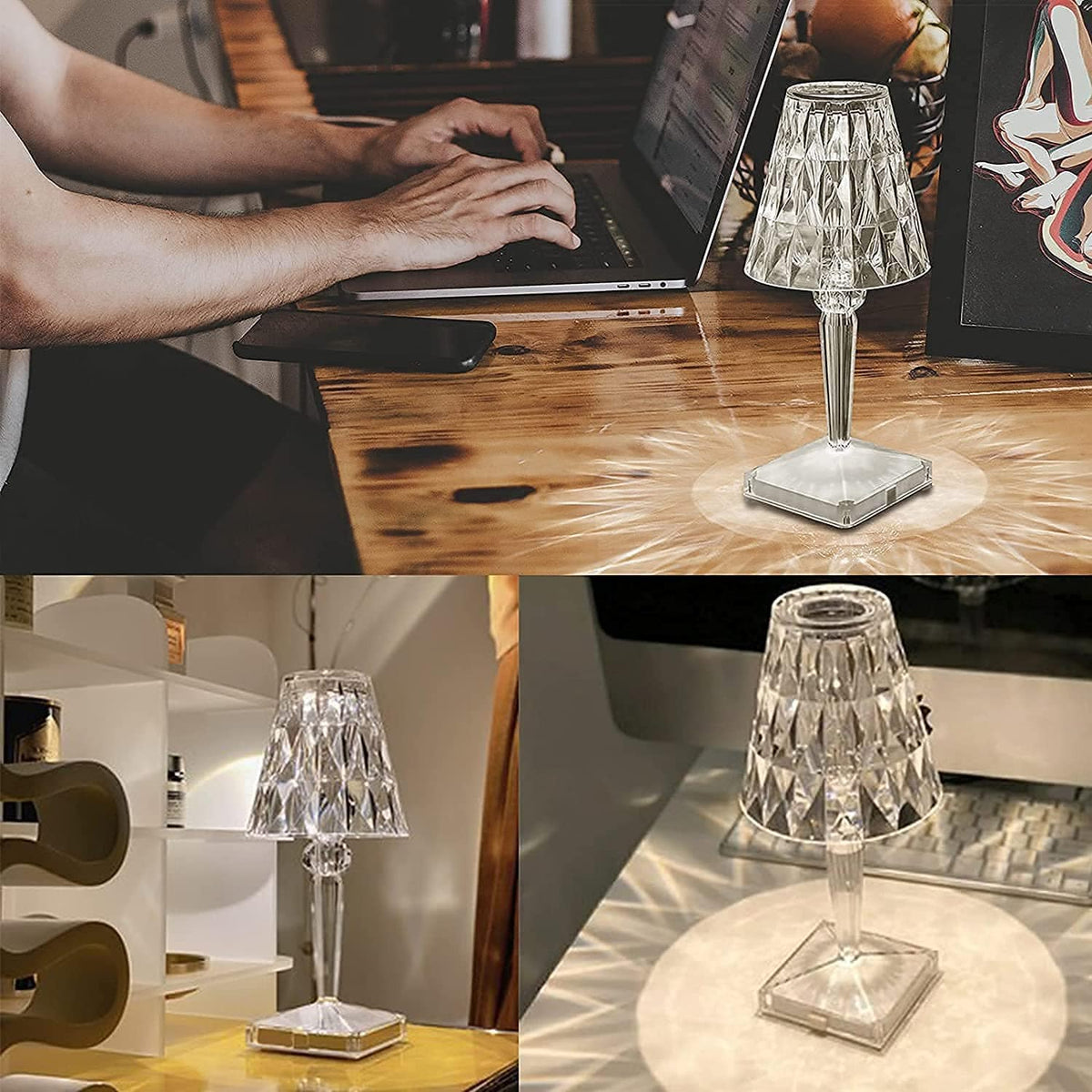 Table Lamp Crystal-Cut Acrylic USB Rechargeable LED & Touch Control