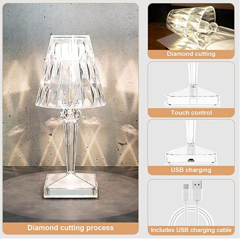 Table Lamp Crystal-Cut Acrylic USB Rechargeable LED & Touch Control