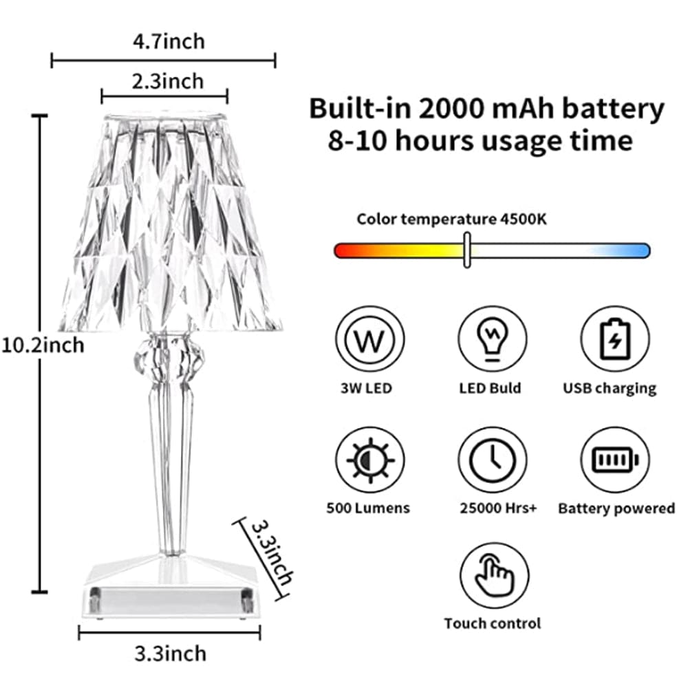 Table Lamp Crystal-Cut Acrylic USB Rechargeable LED & Touch Control