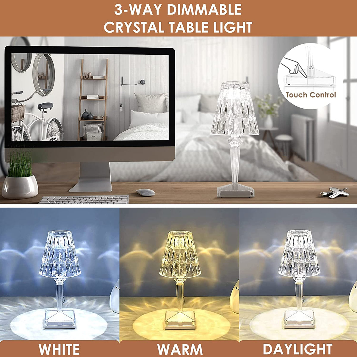 Table Lamp Crystal Diamond Shade Rechargeable & Touch Control
