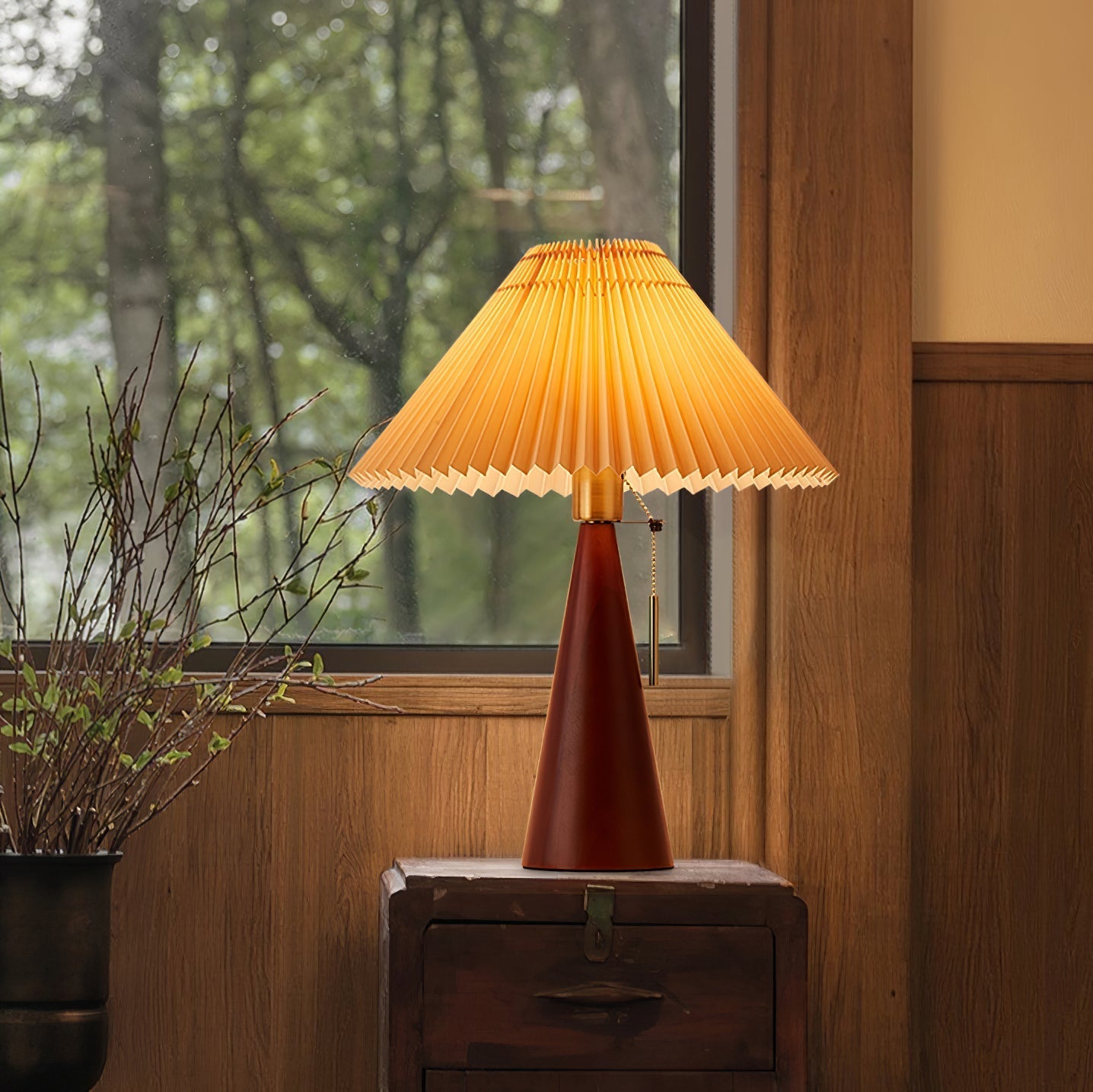 Table Lamp Folded Fabric Shade Wood Base 40cm