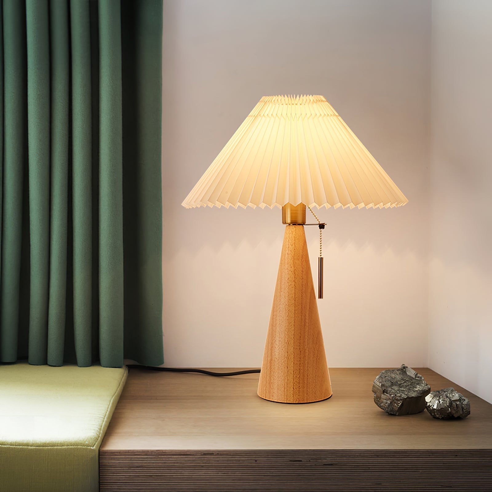 Table Lamp Folded Fabric Shade Wood Base 40cm