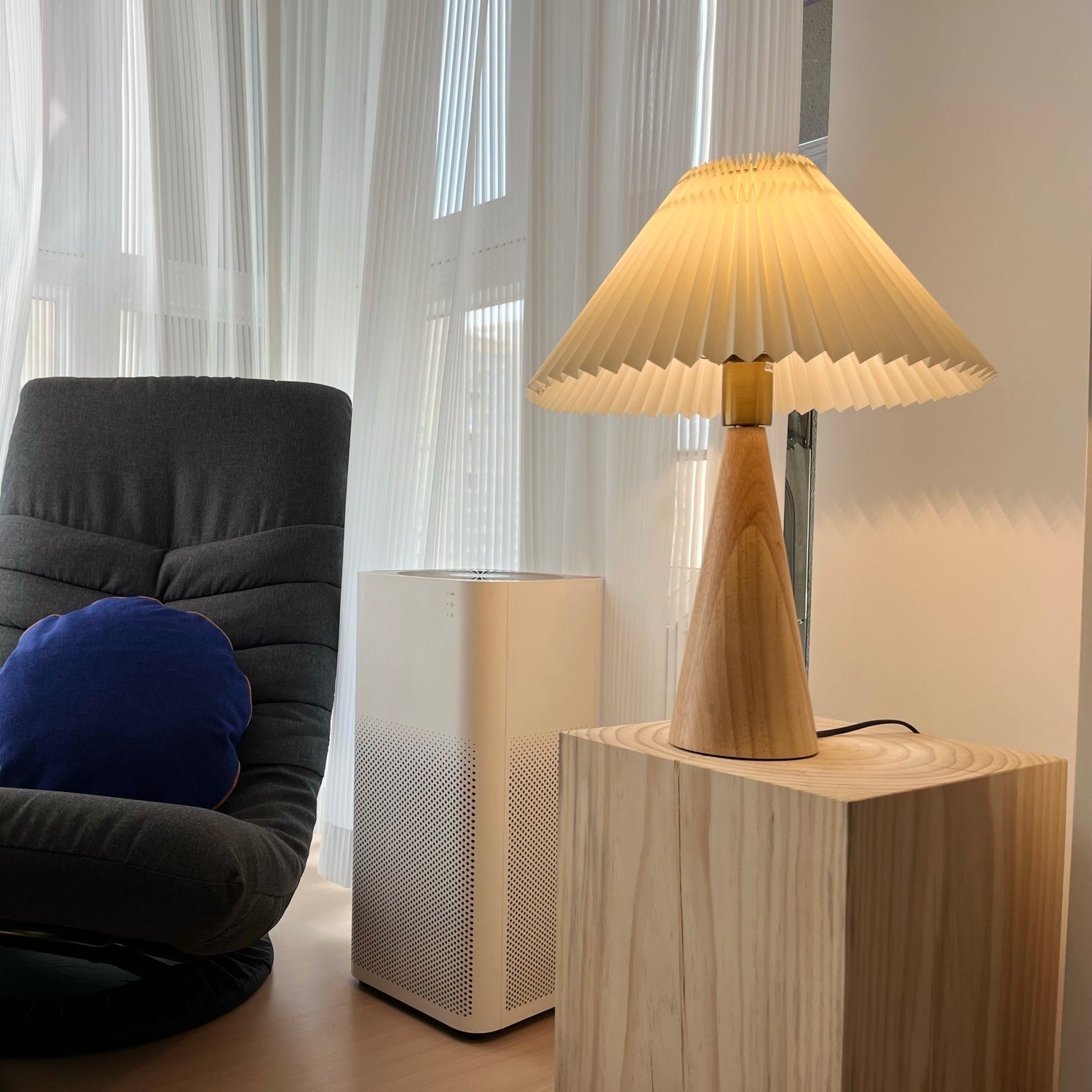 Table Lamp Folded Fabric Shade Wood Base 40cm