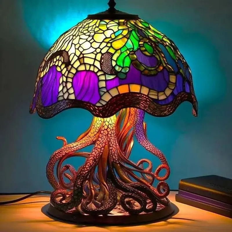 Table Lamp Multicolor Stained Glass Resin Base 12 Inch