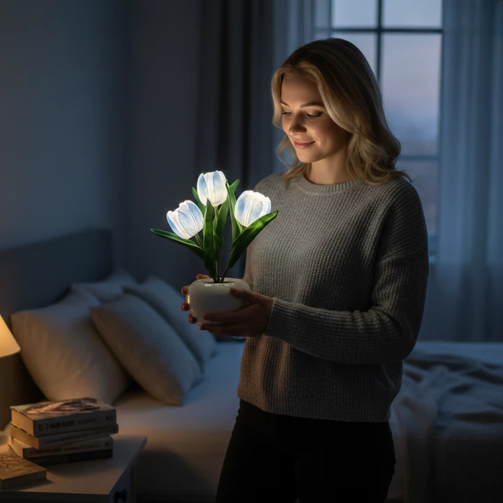 Table Lamp Realistic Tulip Ceramic Pot USB Powered Warm Light