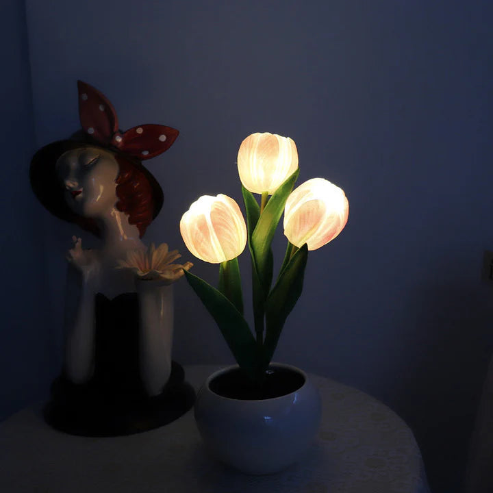 Table Lamp Realistic Tulip Ceramic Pot USB Powered Warm Light
