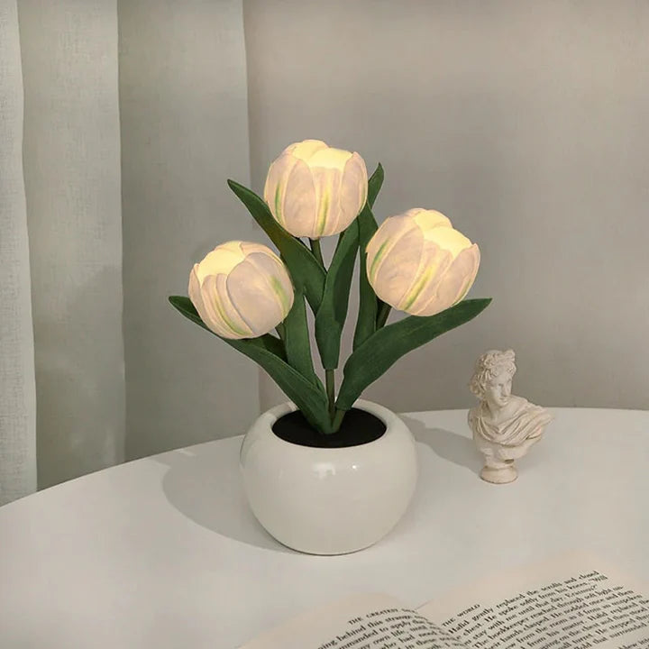Table Lamp Realistic Tulip Ceramic Pot USB Powered Warm Light
