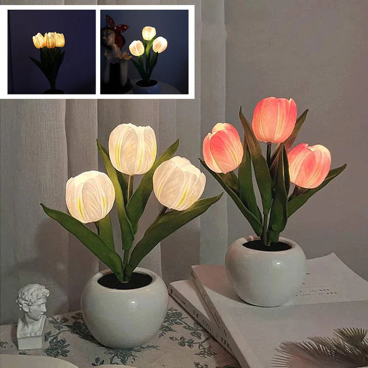 Table Lamp Realistic Tulip Ceramic Pot USB Powered Warm Light