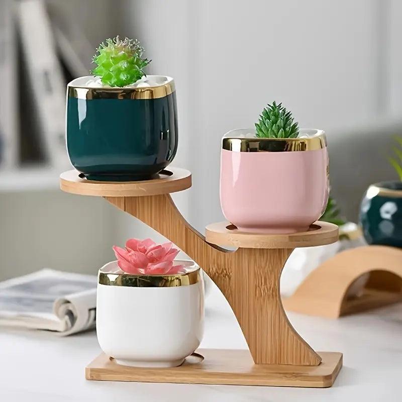 Tabletop Plant Stand Bamboo Two-Tier Recessed Pot Holders