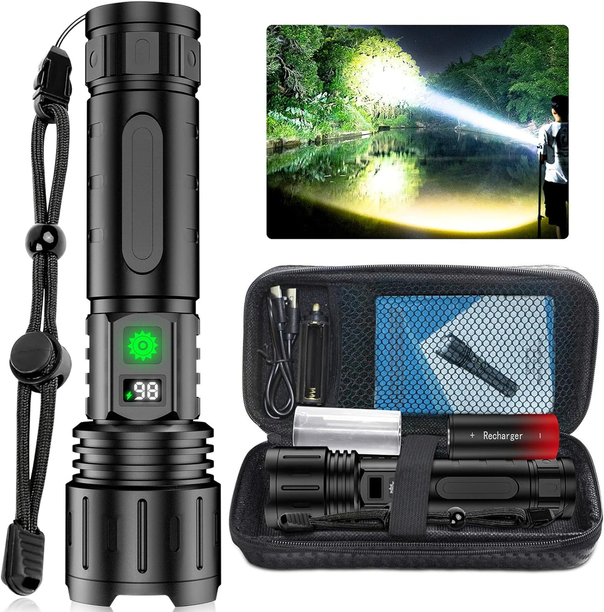 Tactical Flashlight 100,000 Lumens USB-C Rechargeable & Power Bank