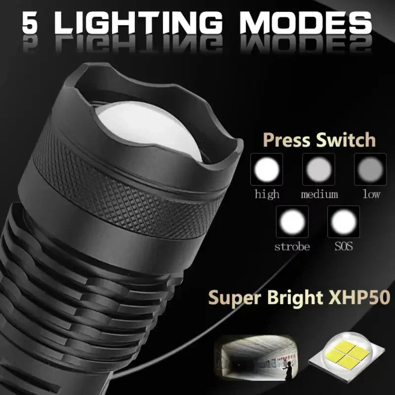 Tactical LED Flashlight 90,000 Lumens Adjustable Zoom IP65 Waterproof