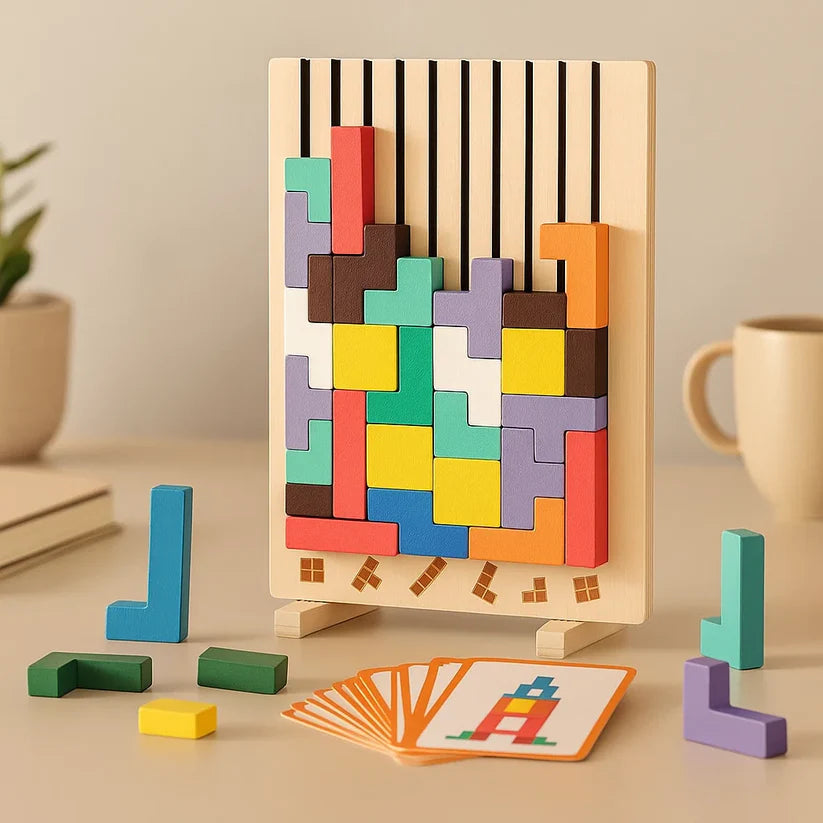 Tetris Puzzle Board Wooden Upright Stand & Template Cards