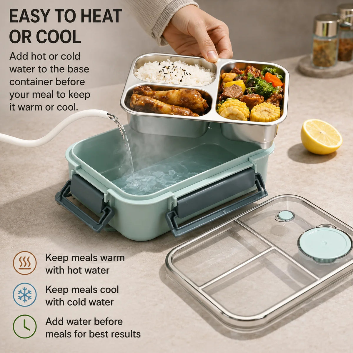 Thermal Food Container Insulated Stainless Steel Compartments Leak-Proof Closure