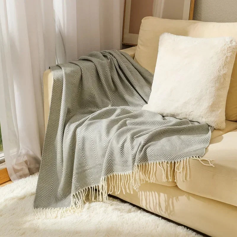 Throw Blanket 100% Cotton Striped & Fringed