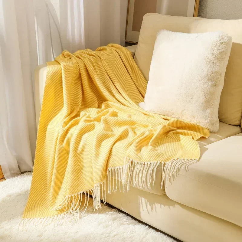 Throw Blanket 100% Cotton Striped & Fringed