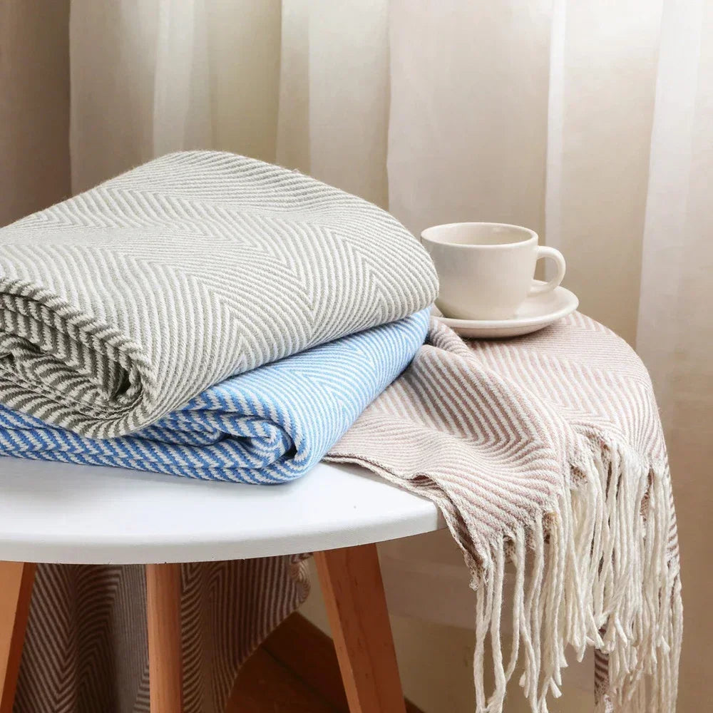 Throw Blanket 100% Cotton Striped & Fringed