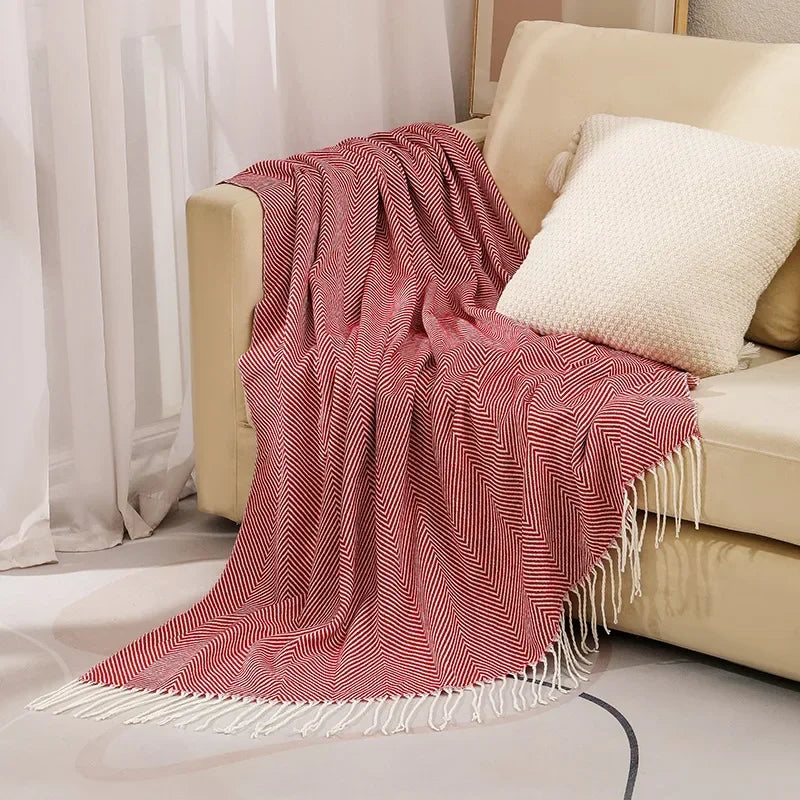 Throw Blanket 100% Cotton Striped & Fringed