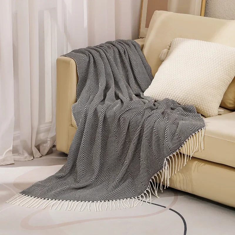 Throw Blanket 100% Cotton Striped & Fringed