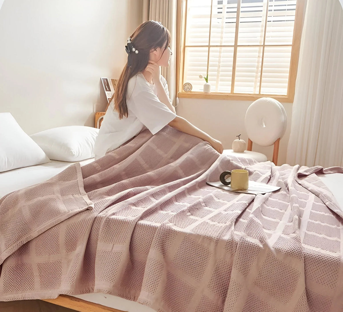 Throw Blanket 100% Cotton Waffle Breathable & Hypoallergenic