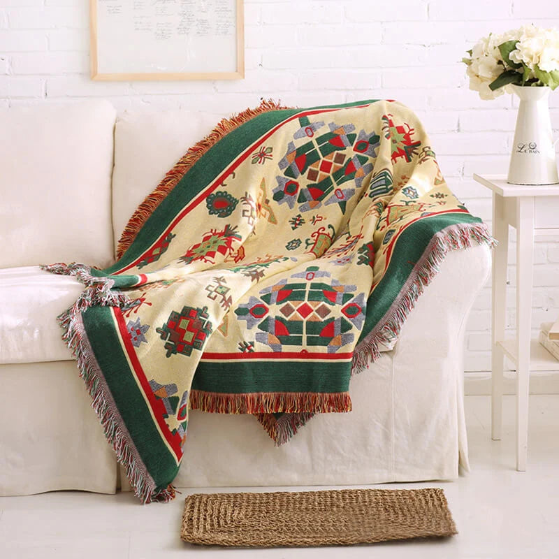 Throw Blanket Reversible Ethnic Pattern Cotton Blend Tassels