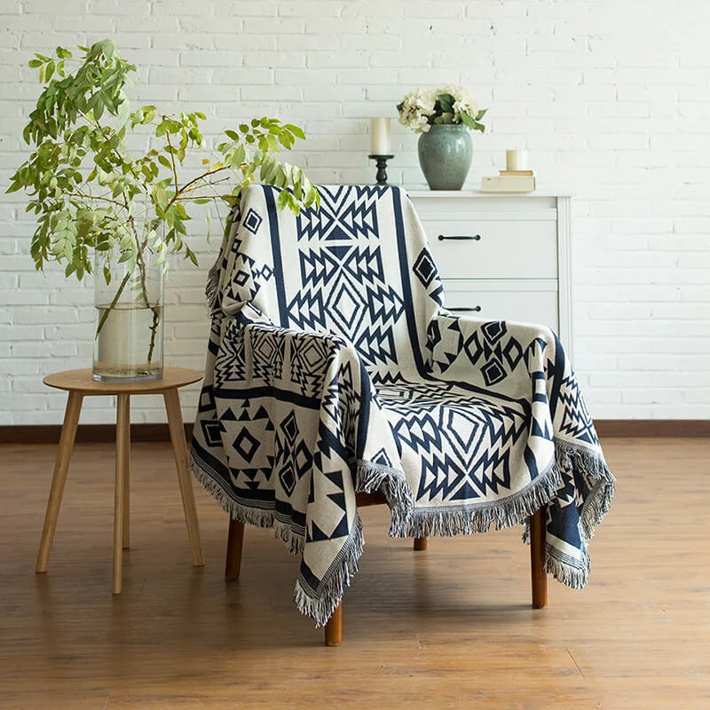Throw Blanket Reversible Ethnic Pattern Cotton Blend Tassels