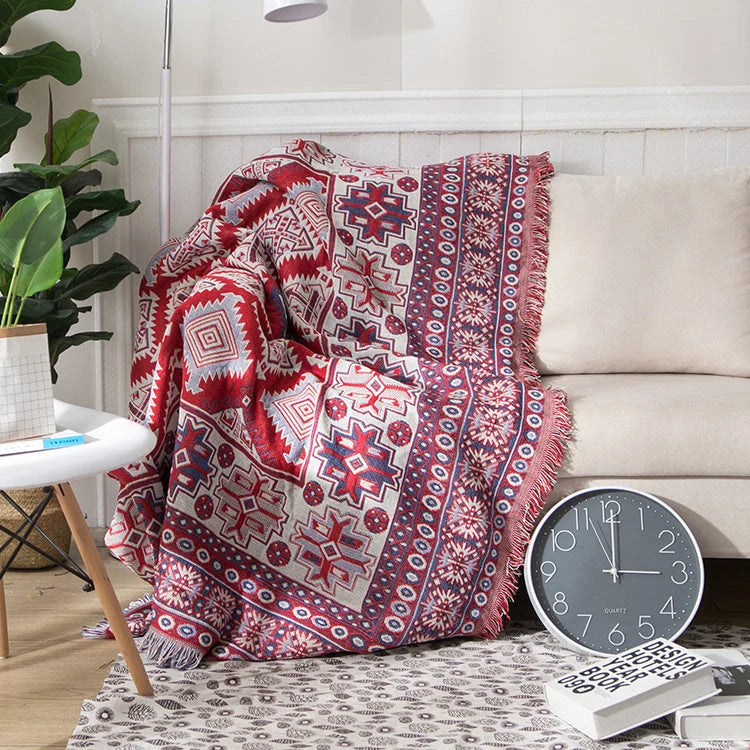 Throw Blanket Reversible Ethnic Pattern Cotton Blend Tassels