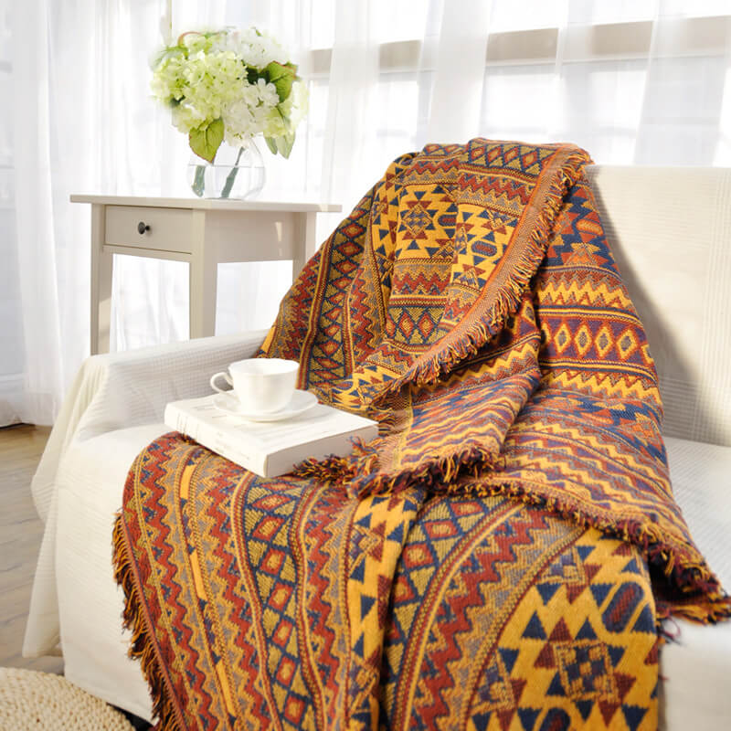 Throw Blanket Reversible Ethnic Pattern Cotton Blend Tassels