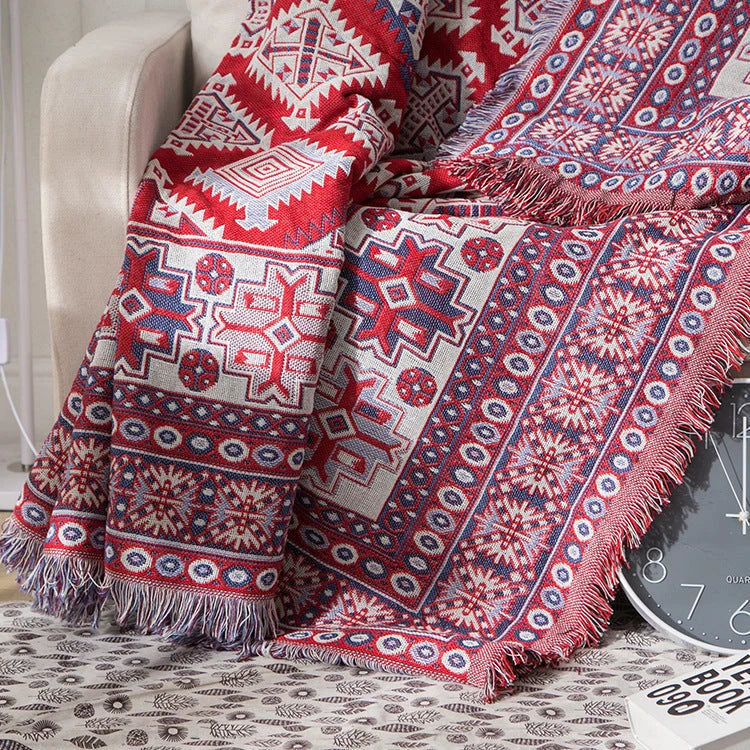 Throw Blanket Reversible Ethnic Pattern Cotton Blend Tassels