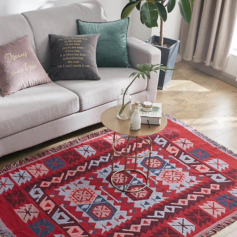 Throw Blanket Reversible Ethnic Pattern Cotton Blend Tassels
