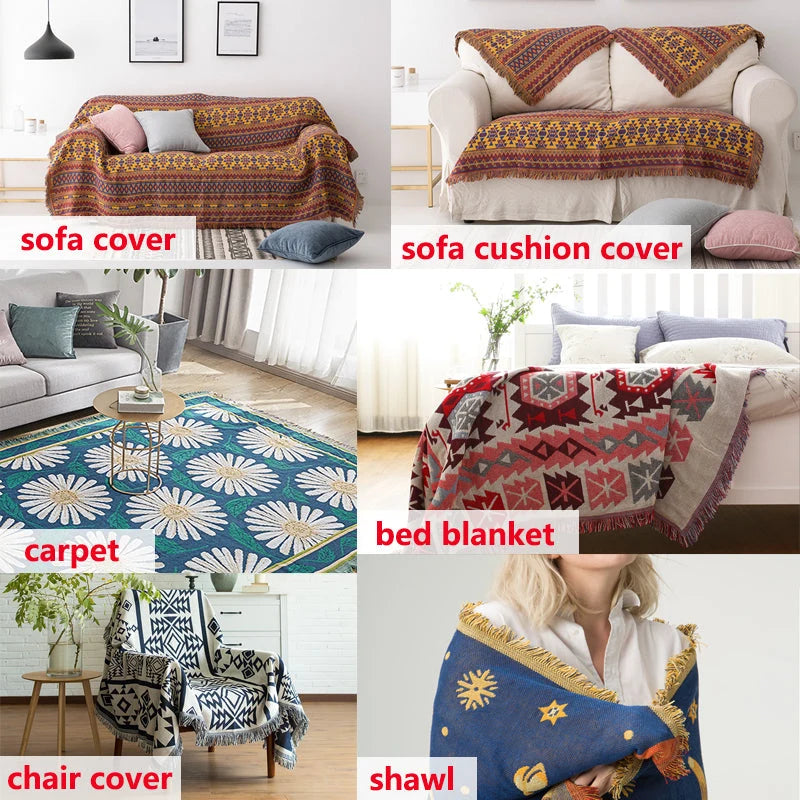 Throw Blanket Reversible Ethnic Pattern Cotton Blend Tassels