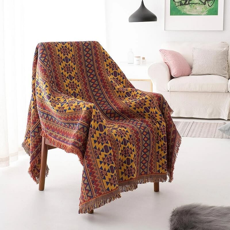 Throw Blanket Reversible Ethnic Pattern Cotton Blend Tassels