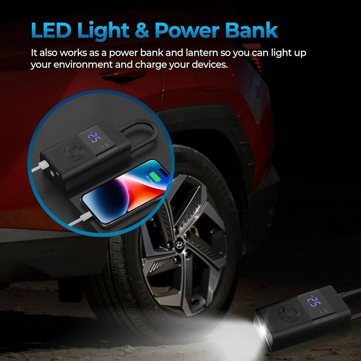 Tire Inflator Digital Auto-Stop Rechargeable USB & LED