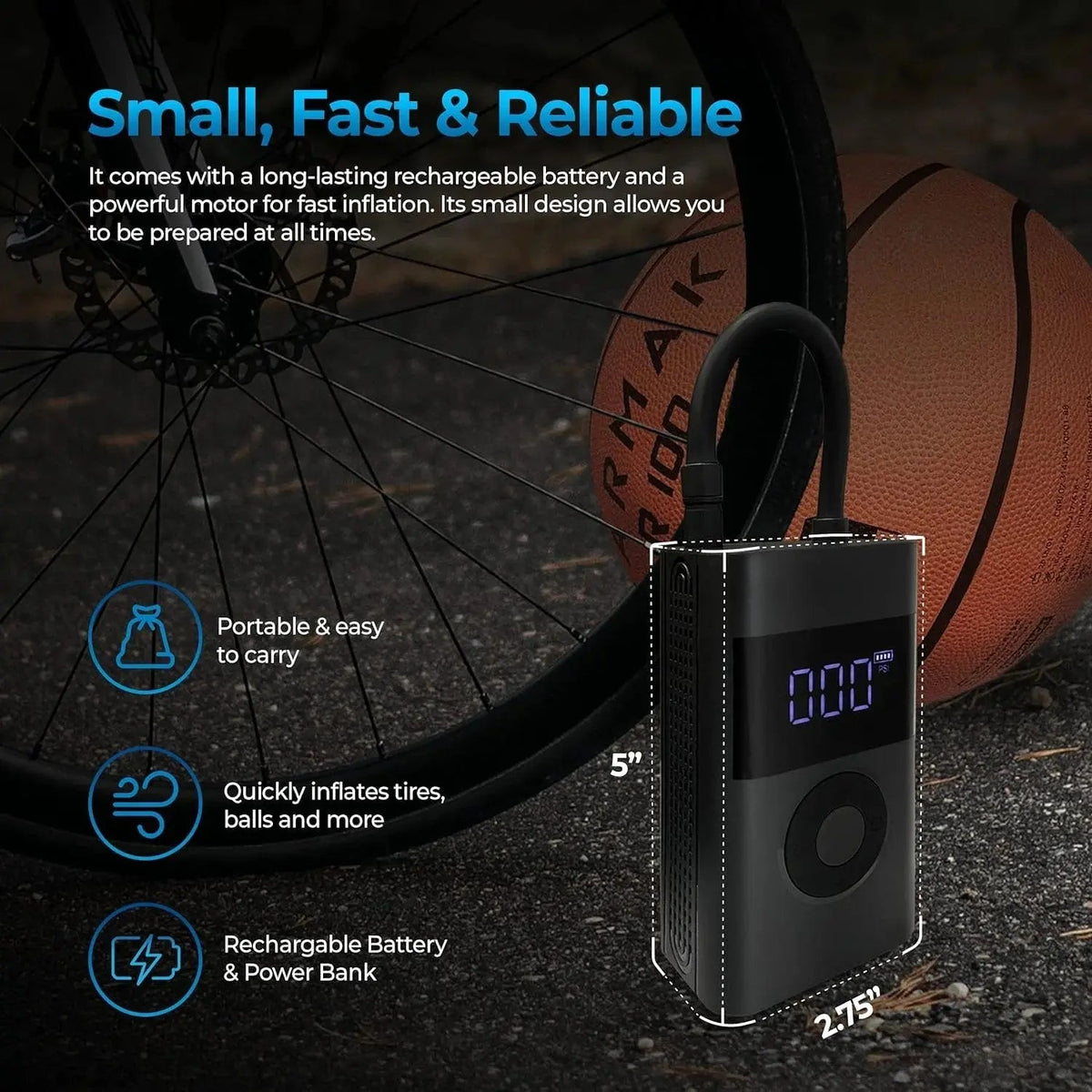 Tire Inflator Digital Auto-Stop Rechargeable USB & LED