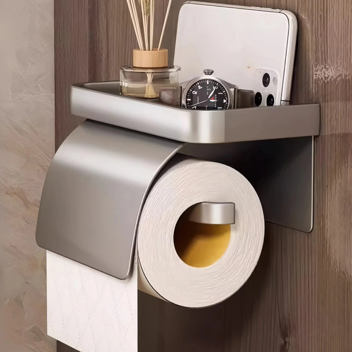 Toilet Paper Holder Aluminum Curved Cover & Shelf No-Drill