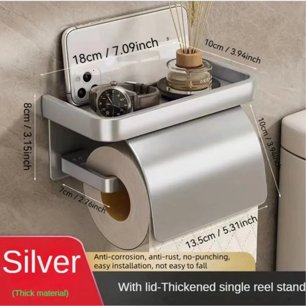 Toilet Paper Holder Aluminum Curved Cover & Shelf No-Drill