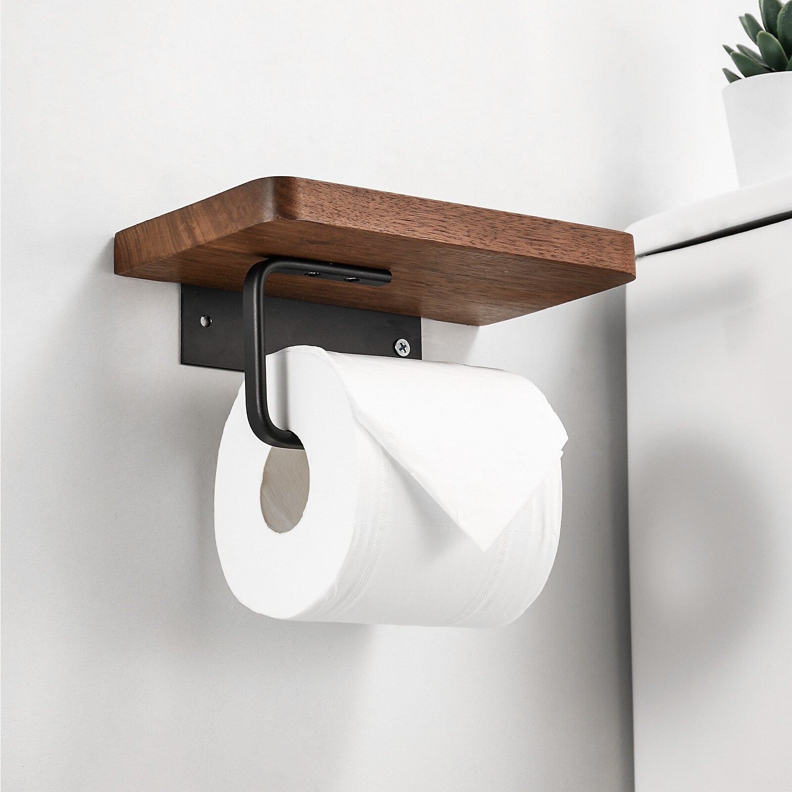 Toilet Paper Holder Wall-Mounted Walnut Shelf & Metal Bracket