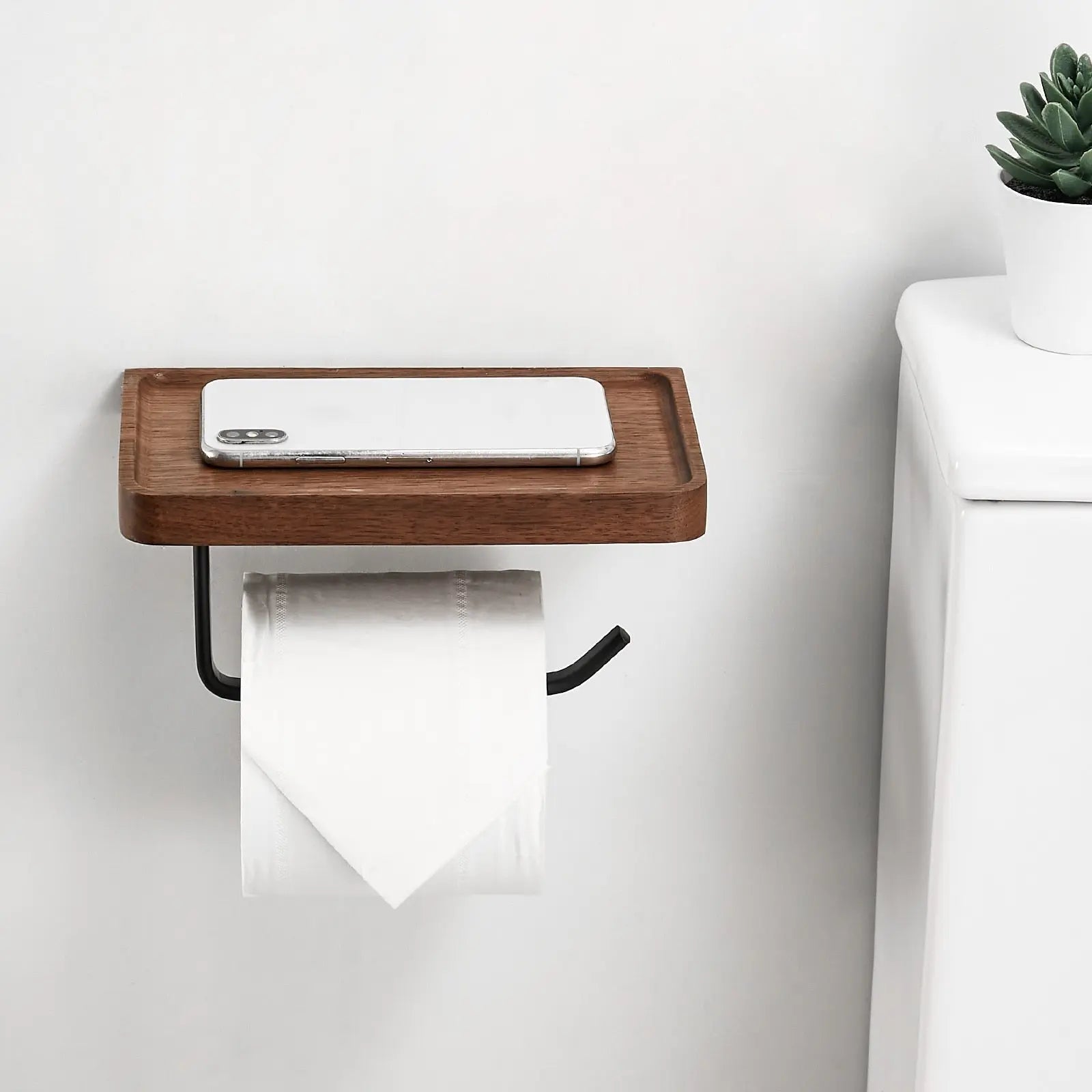 Toilet Paper Holder Wall-Mounted Walnut Shelf Metal Bracket
