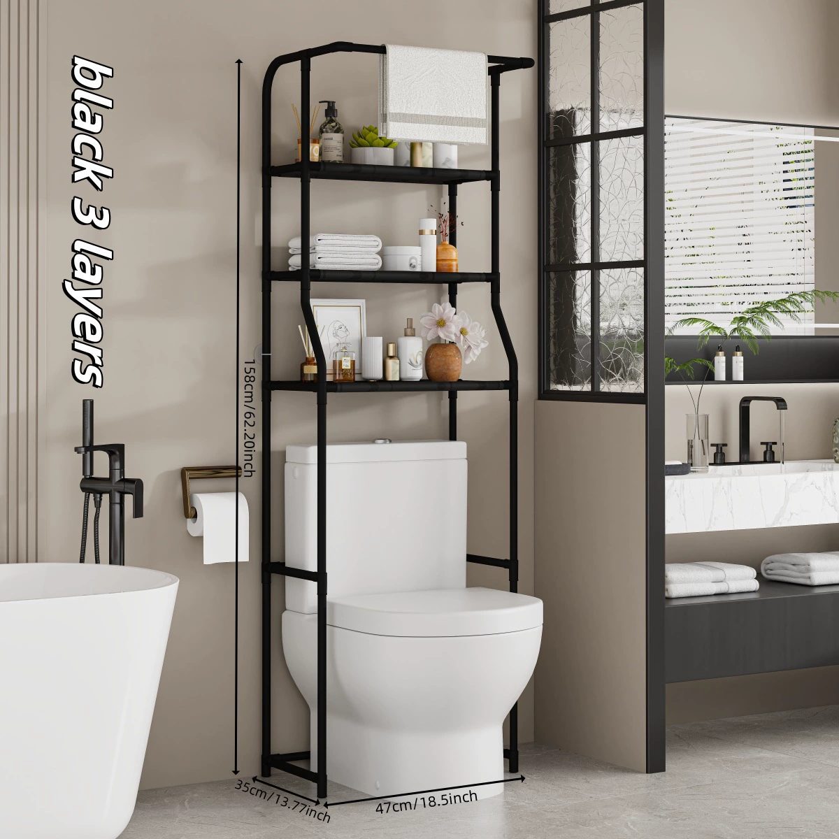 Toilet Shelf 3-Tier Powder-Coated Steel & Waterproof Shelves