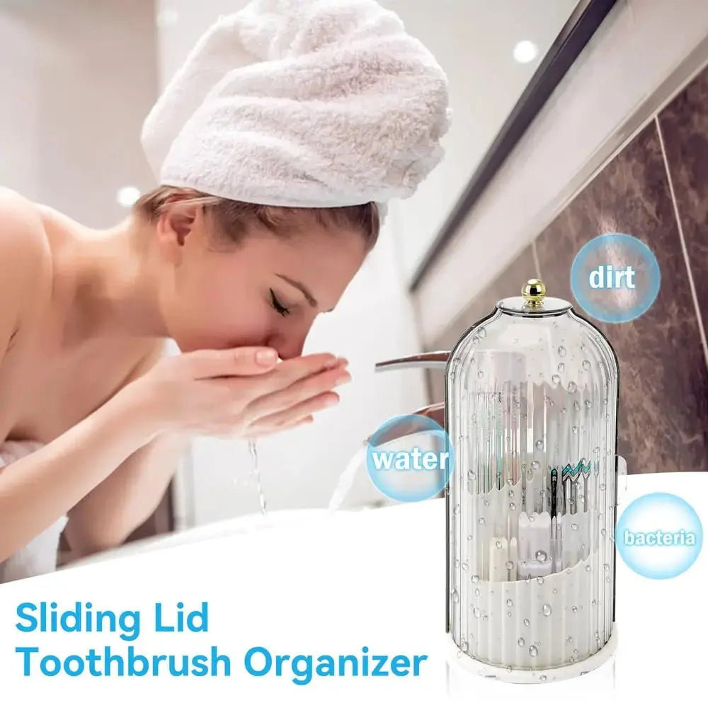 Toothbrush Holder Sliding Lid 3 Compartments 360 Degree Swivel
