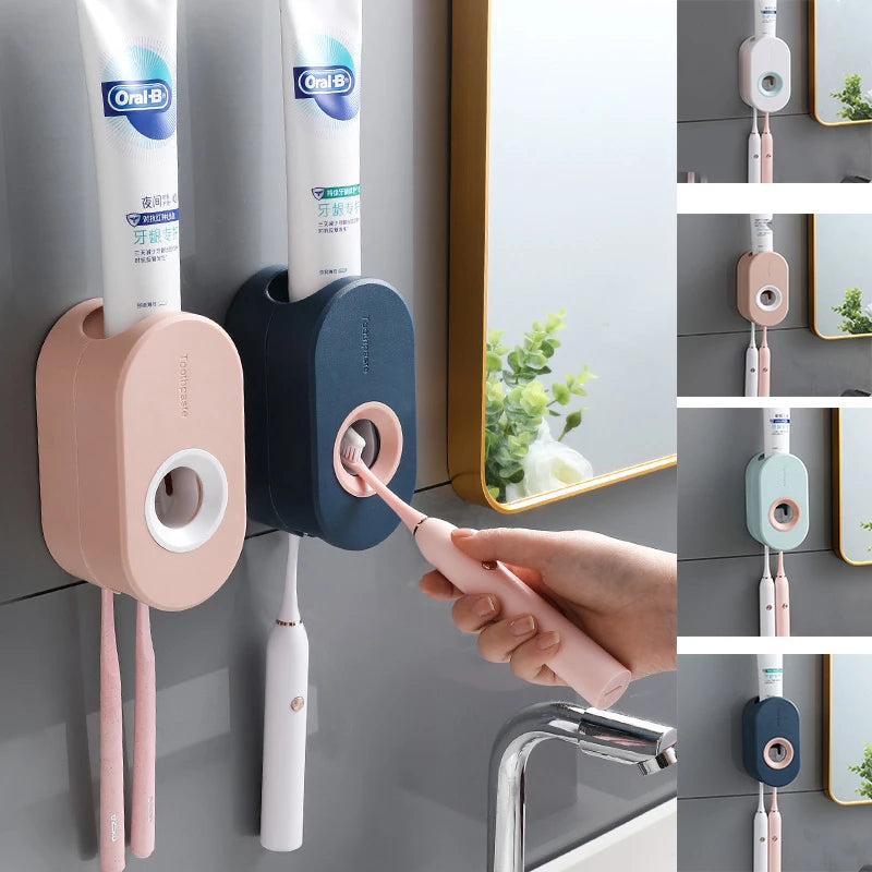 Toothpaste Dispenser Wall-Mounted One-Press No-Drill Toothbrush Holders