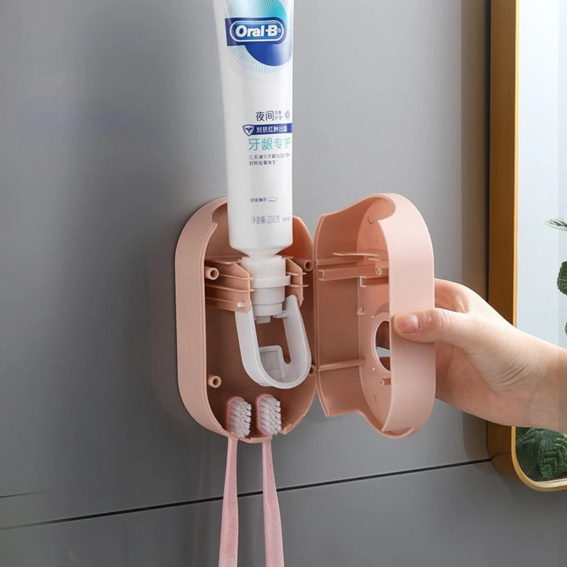 Toothpaste Dispenser Wall-Mounted One-Press No-Drill Toothbrush Holders