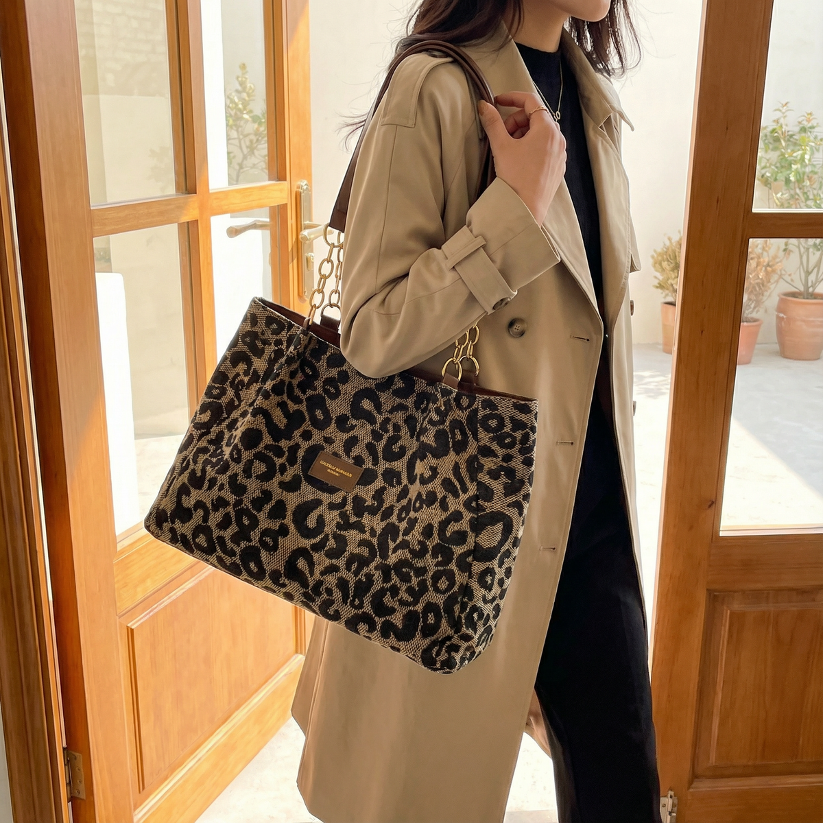 Tote Bag Leopard Print Canvas Faux Leather Straps