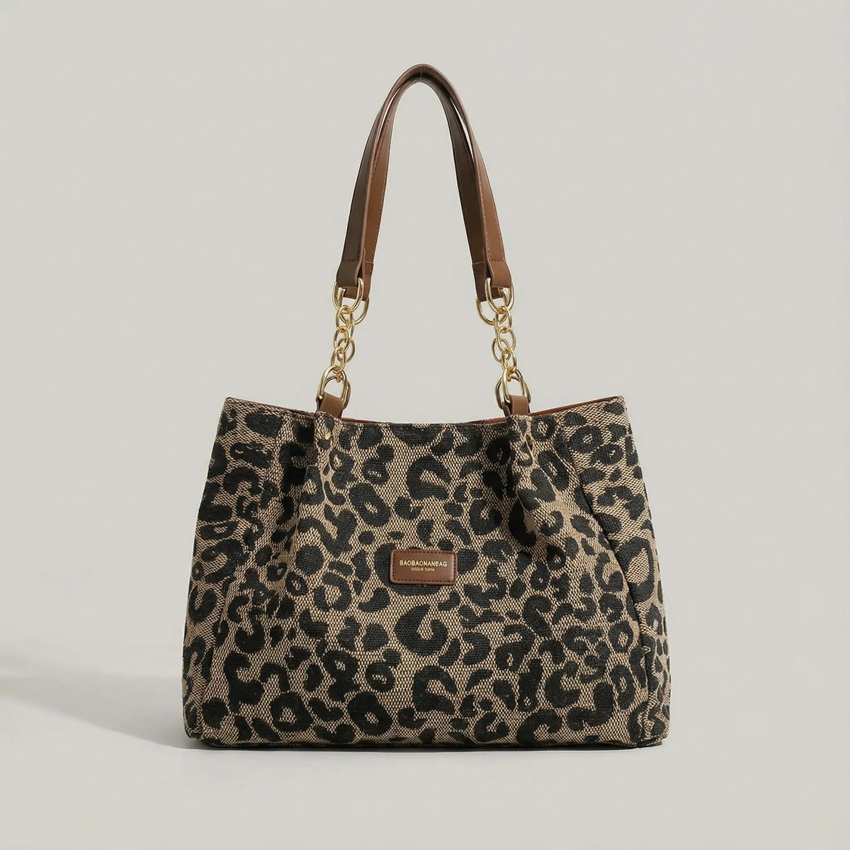 Tote Bag Leopard Print Woven Canvas Gold Chain Straps