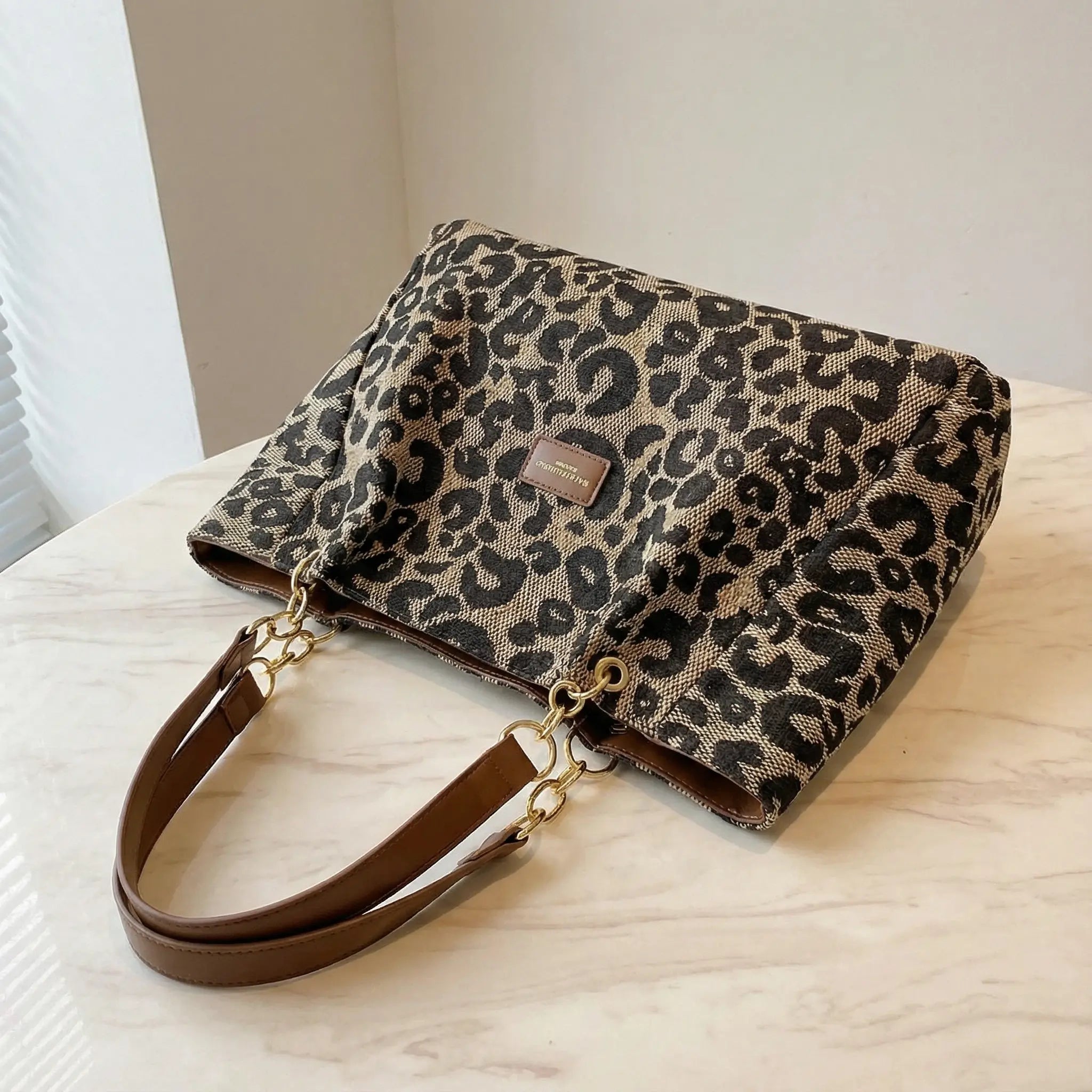 Tote Bag Leopard Print Woven Canvas Gold Chain Straps