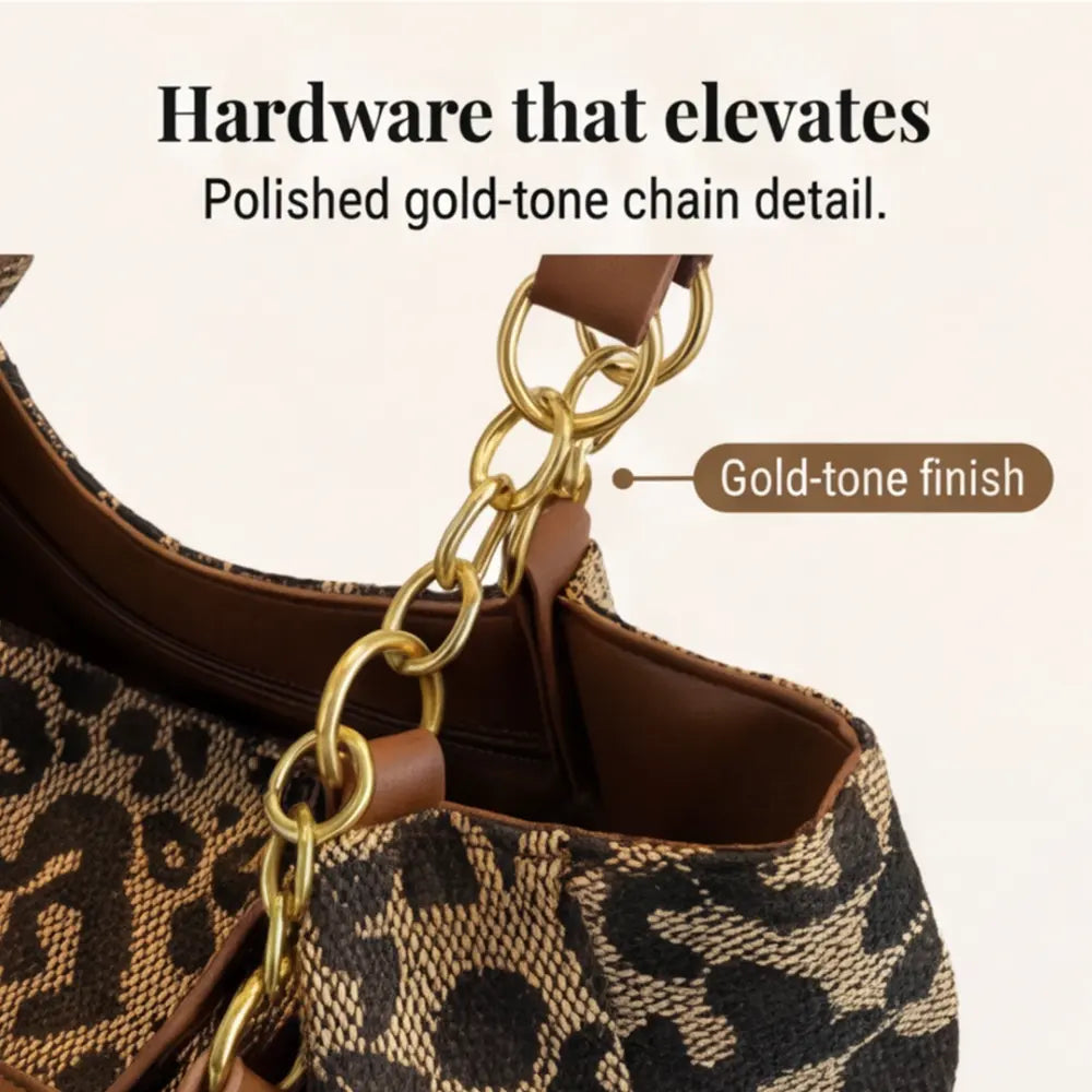 Tote Bag Leopard Print Woven Canvas Gold Chain Straps