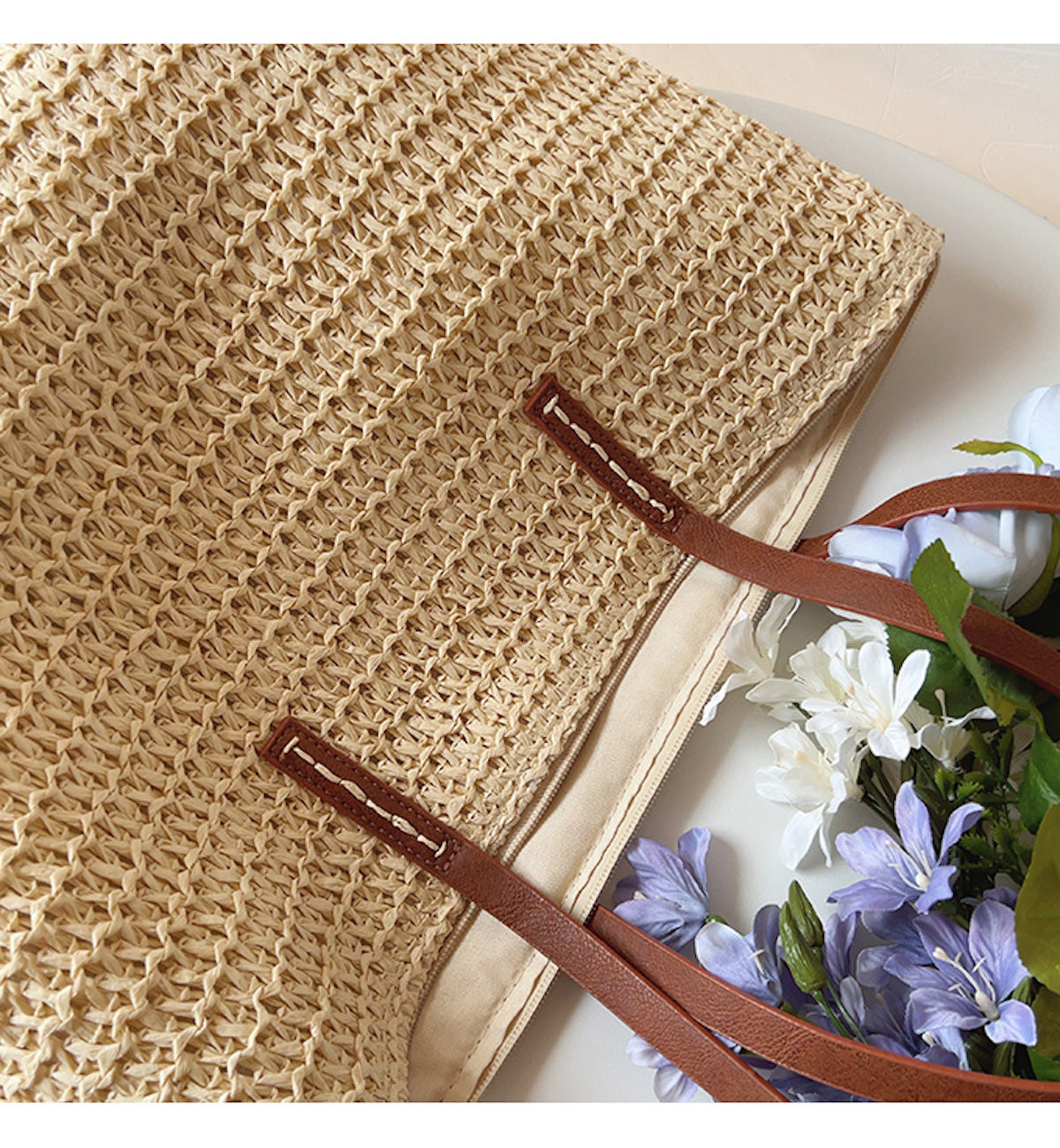 Tote Handwoven Rattan Leather Handles & Zipper Pocket