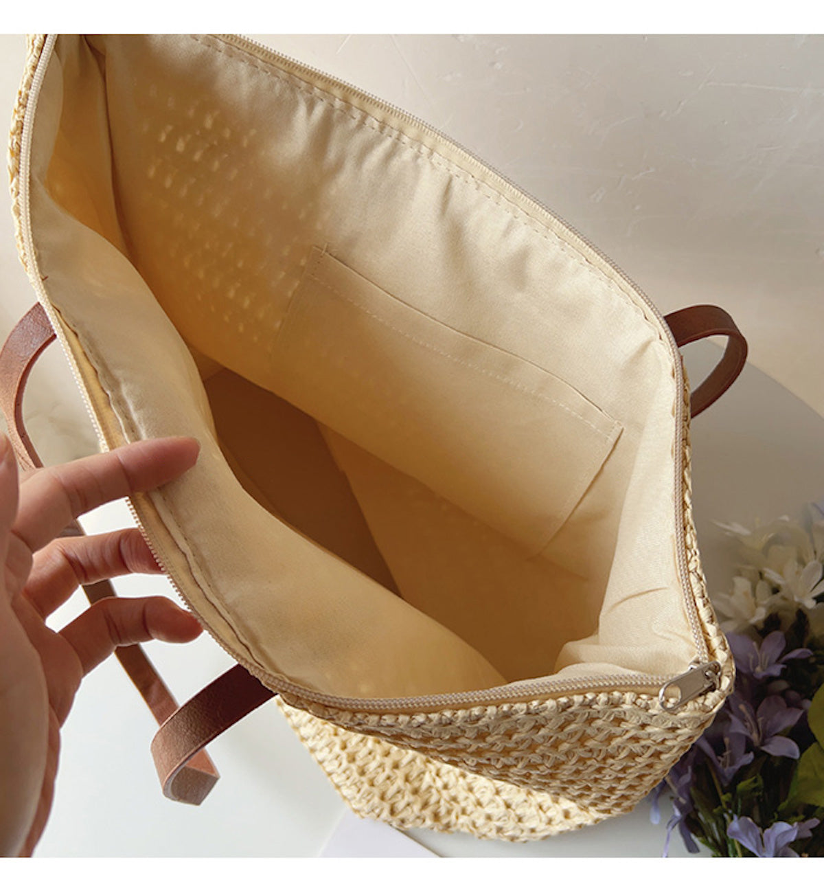 Tote Handwoven Rattan Leather Handles & Zipper Pocket