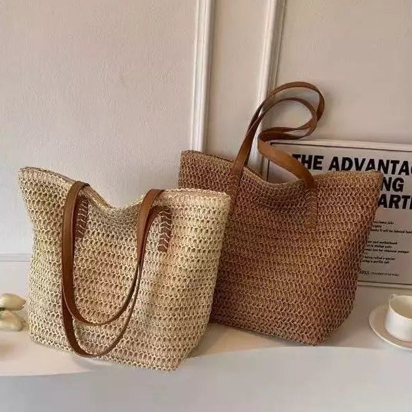 Tote Handwoven Rattan Leather Handles & Zipper Pocket