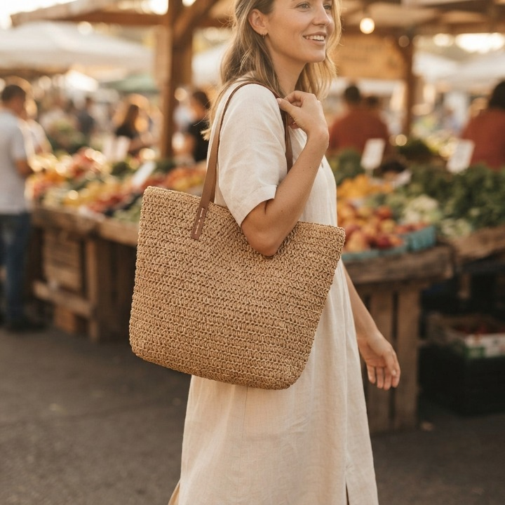 Tote Handwoven Rattan Leather Handles & Zipper Pocket