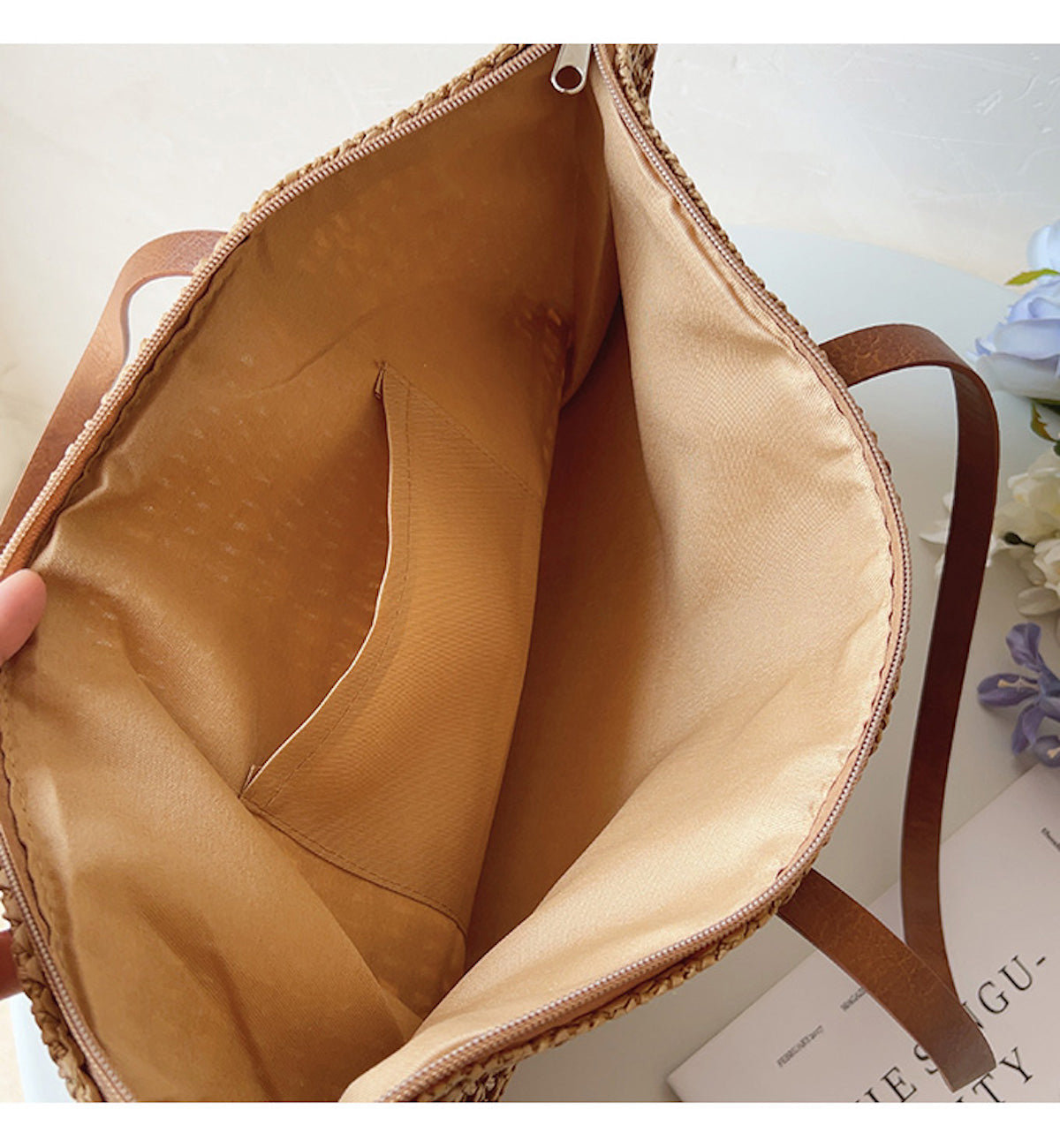 Tote Handwoven Rattan Leather Handles & Zipper Pocket